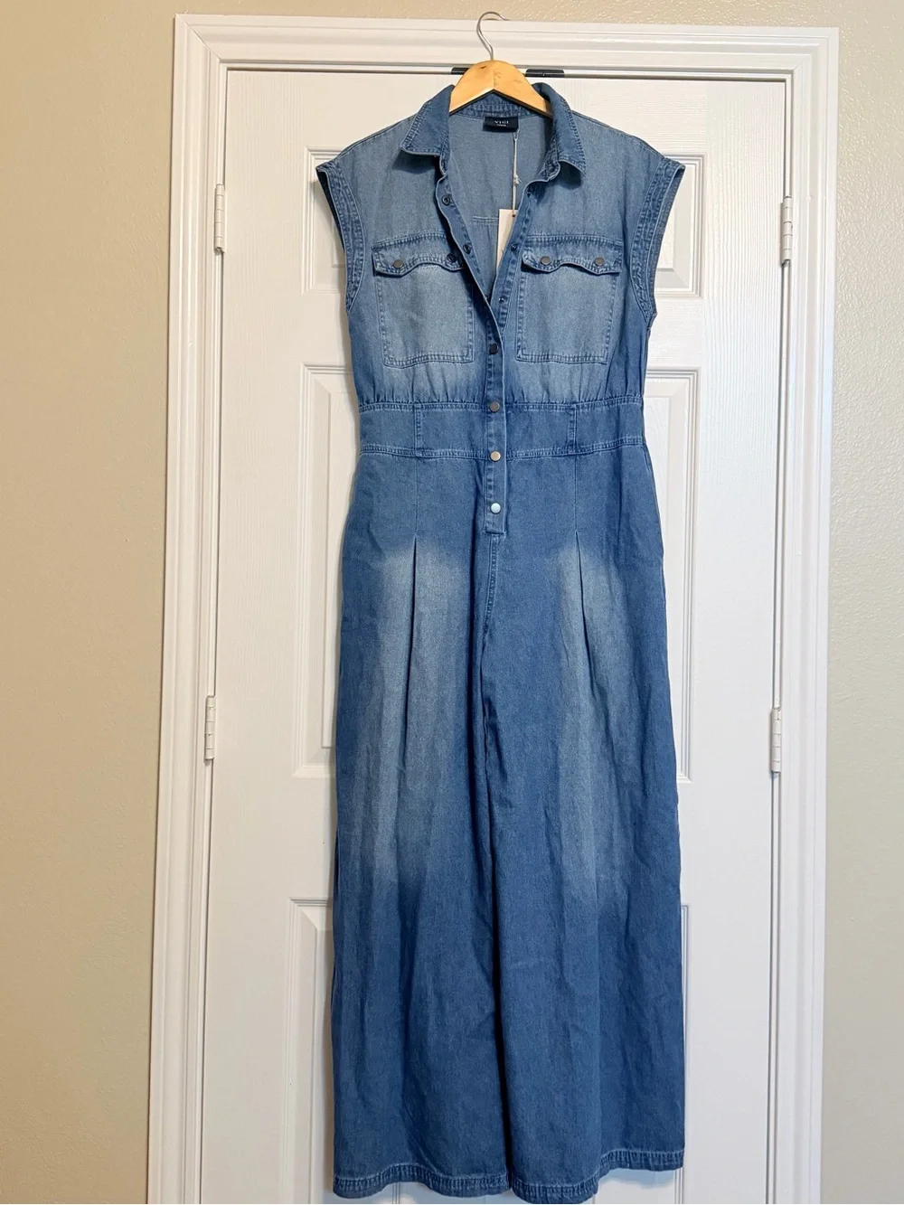 Sleeveless Denim Jumpsuit in Medium Blue